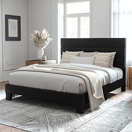 Allewie Queen Size Platform Bed Frame with Velvet Upholstered Headboard and Wooden Slats Support, Fully Upholstered Mattress Foundation/No Box Spring Needed/Easy Assembly, Black