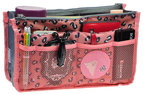 Vercord Purse Organizer Insert for Handbags Bag Organizers Inside Tote Pocketbook Women Nurse Nylon 13 Pockets Pink Leopard Medium