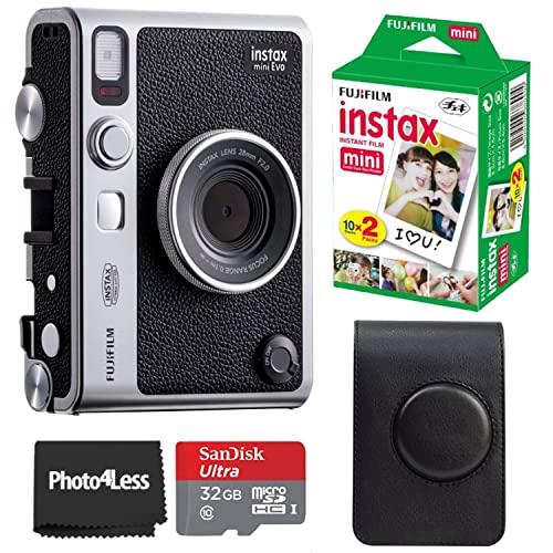 Fujifilm Instax Mini EVO Hybrid Black Instant Camera | Twin Pack Film | 32GB microSD Card with Adapter | Black Camera Case