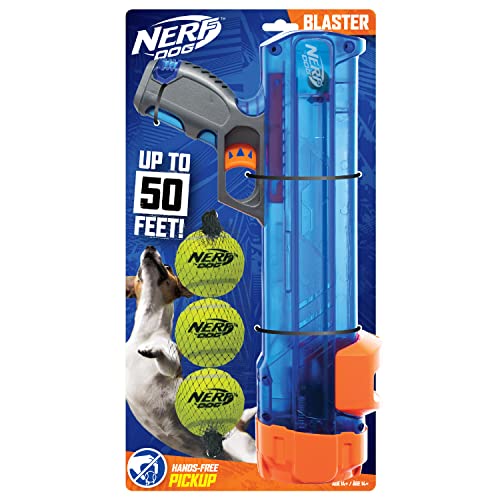 Nerf Dog Compact Tennis Ball Blaster Gift Set, Great for Fetch, Hands-Free Reload, Launches up to 50 ft, Single Unit, Includes 3 Balls, 4791, Translucent Blue