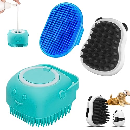 Comotech 3PCS Dog Bath Brush | Dog Shampoo Brush | Dog Scrubber for Bath | Dog/Grooming/Washing Brush Scrubber with Adjustable Ring Handle for Short & Long Haired Dogs/Cats (Blue Blue White)