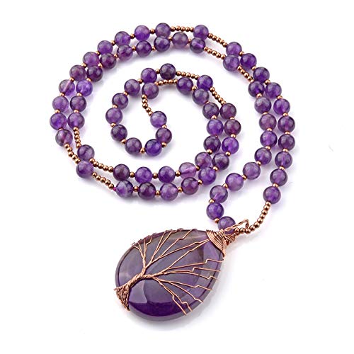 Jovivi Natural Amethyst Quartz Healing Crystals Necklace Wire Wrapped Teardrop Tree of Life Chakra Gemstone Pendant Mothers Day Christmas Gifts