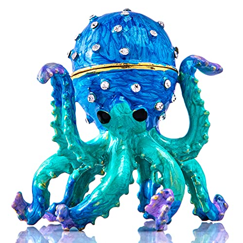 QFkris Octopus Trinket Box with Shinning Rhinestones, Magnetic Jewelry Box Hand-painted Figurine Collectibles Ring Holder Case