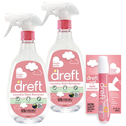 Dreft Stain Remover for Baby Clothes, Fragrance Free and Hypoallergenic Baby Stain Remover Spray Plus Travel Size Stain Treater Pen, 24 Fl Oz ( Pack of 2 + Stain Pen)