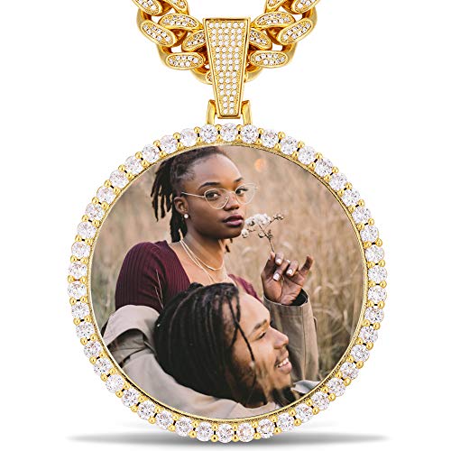 YIMERAIRE Oversize Customized Picture Necklace Personalized Photo Pendant with 12mm Cuban Link Chain Iced Out Memory Photo Chain Medallion Necklace Hip Hop Jewelry for Men