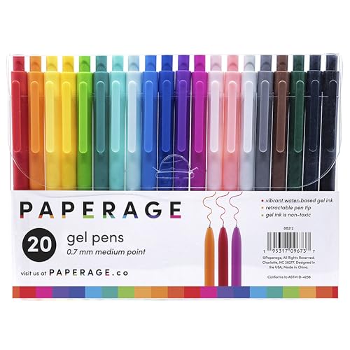 PAPERAGE Gel Pen With Retractable Medium Point (0.7mm), 20 Colored Pen Set for Bullet Style Journals, Notebooks, Planners, Calendars, Notes & Drawing, Use at Home, Office, School, Crafts