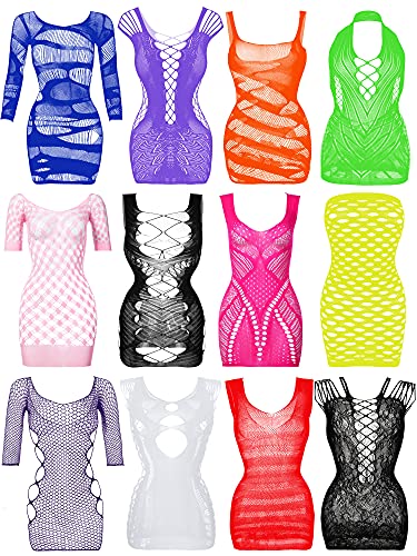 Geyoga 12 Pieces Women's Fishnet Lingerie Mesh Babydoll Bodysuit Lace Smock Lingerie for Women (Fresh Color)