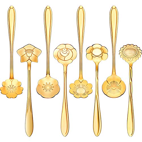 8 Pieces Flower Spoon Coffee Teaspoon Set Stainless Steel Tableware Creative Sugar Spoon Tea Spoon Stir Bar Spoon Stirring Spoon, 8 Different Patterns (Gold)