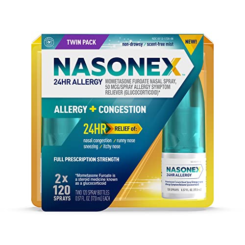 Nasonex 24HR Allergy Nasal Spray, Allergy + Congestion, Non-Drowsy Relief in Full Prescription Strength,120 Spray, 2 Pack