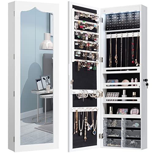 CHARMAID 5 LEDs Jewelry Armoire Wall Mounted/Door Hanging Mirror, Lockable Jewelry Cabinet with Full Length Mirror and 6 Drawers, Large Capacity Jewelry Organizer Storage Box for Women Girls (White)
