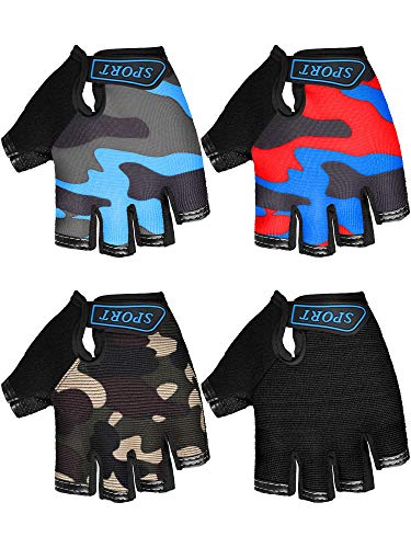 SATINIOR 4 Pairs Kids Cycling Gloves Half Finger Bike Gloves Non-Slip Mitten Sport Gloves for Boys and Girls (Black, Camouflage, 6-10 Years)