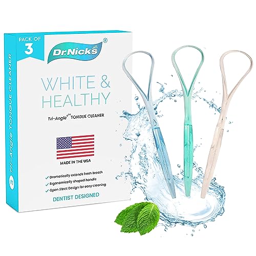 Dr. Nick’s White & Healthy Tongue Scraper (3 pack), Dentist Designed to Cure Bad Breath, Easy to Use Plastic Tounge Scraper Cleaner Maintains Oral Care for Adults (Green Blue & White)