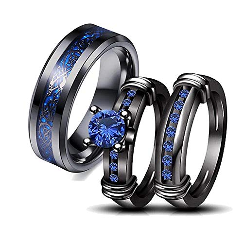 Couple Ring Bridal Set His Hers Women Black Gold Plated Blue CZ Men Celtic Dragon stainless steel Wedding Band Jewelry