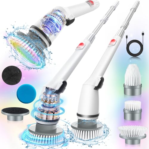 Electric Spin Scrubber, 360 New Upgraded Cordless Shower Scrubber with 5 Replaceable Brush Heads and Adjustable Extension Handle, Power Cleaning Brush for Bathroom, Tub, Tile，Kitchen