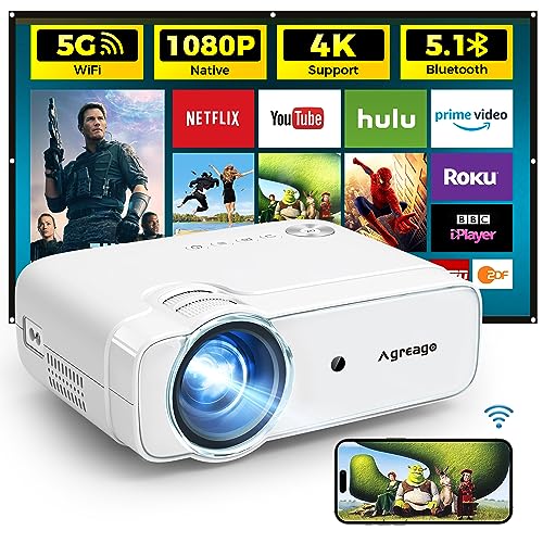 Projector with WiFi and Bluetooth, 5G WiFi 4K Supported Native 1080P 14000L, AGREAGO Portable Outdoor Projector with Screen, Home Theater Projector Compatible with TV Stick/iOS/Android/Win/HDMI/USB