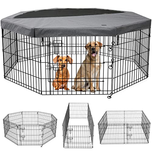 PETIME Foldable Metal Dog Exercise Pen/Pet Puppy Playpen Kennels Yard Fence Indoor/Outdoor 8 Panel 24' W x 24' H with Top Cover (with top Cover, 8 Panels 24' H)