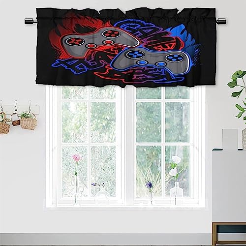 Red Blue Gamer Gamepad Rod Pocket Valance Curtains,Abstract Watercolor Burning Video Game Gamepad Window Treatments Valances for Kitchen Living Bathroom 54x18inch（1Pcs）