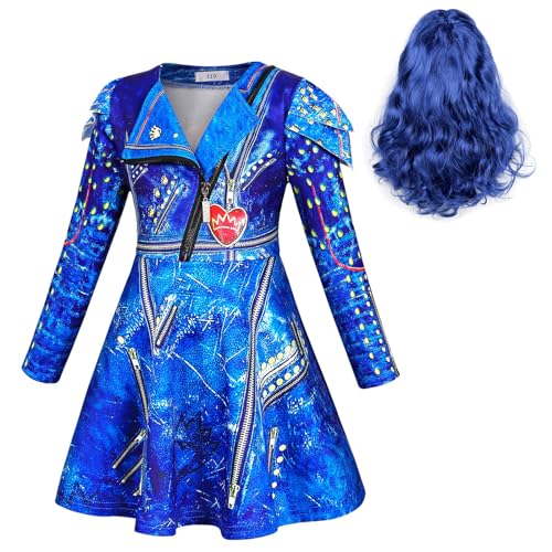 HenzWorld Evie Descendants Costume for Girls Musical Popular Role Halloween Cosplay Long Sleeve Party Dress up Clothes with Wig 8（7-8 Years,130）