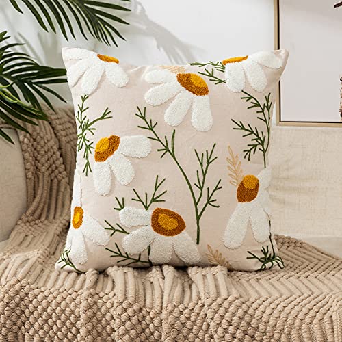 vctops Farmhouse Embroidered Throw Pillow Cover Floral Tufted Woven Decorative Pillowcase Square Accent Cushion Cover for Sofa Couch Bedroom, No Insert (Floral F,18'x18')