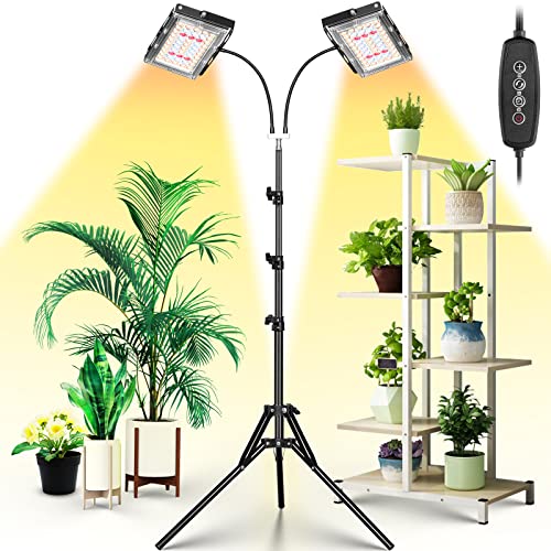 LBW Grow Light for Indoor Plants, Dual Heads Full Spectrum 200W LED, Auto On/Off Timer, 6 Dimmable Levels, 3 Switch Modes, Adjustable Tripod Stand 15-63 inches