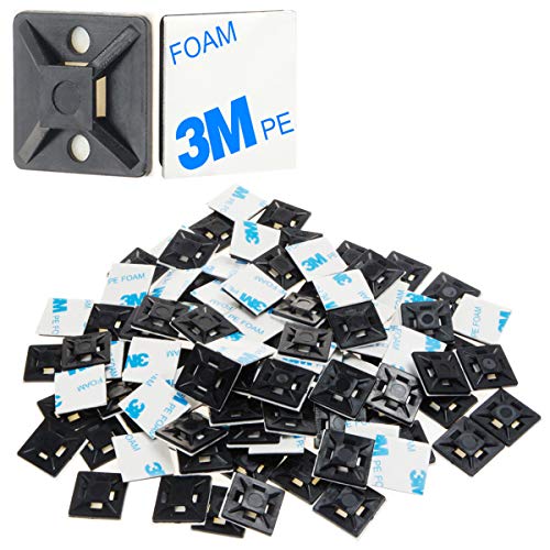 XHF 100 PCS 3/4' Black Self Adhesive Cable Zip Tie Mounts Wire Cable Clips Holders Management Anchors Organizer Holders Squares(HS-101S)