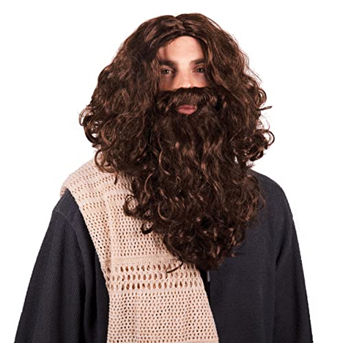 Kangaroo Jesus Beard and Wig Men for Jesus Costume - Synthetic Brown Long Beard Wig - Halloween, Hagrid, Caveman Costume Accessories