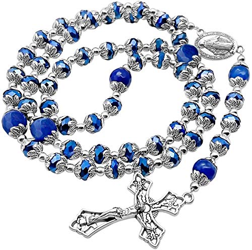 Nazareth Store Deep Blue Crystal Beads Rosary Blue Agate Glory Stone Beaded Necklace Miraculous Medal & Cross Crucifix Religious Rosaries Collection