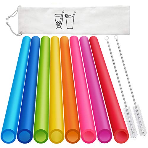 8 Pcs Extra Wide Reusable Boba Straws with 1 Bag & 2 Brushes - BPA FREE Multicolor Big Jumbo Large Plastic Straws for Smoothies, Bubble Tea(Tapioca, Boba Pearls), Milkshakes