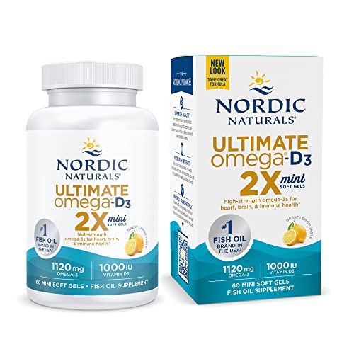 Nordic Naturals Ultimate Omega 2X Mini D3, Lemon Flavor - 1120 mg Omega-3 + 1000 IU Vitamin D3-60 Mini Soft Gels - Omega-3 Fish Oil - EPA & DHA - Promotes Brain & Heart Health - 30 Servings