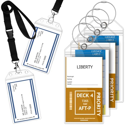 GreatShield Cruise Luggage Tag Holder (4 Pack) + ID Holder with Lanyard (2 Pack) Weather Resistant PVC Zip Pouch & Steel Loop for Princess, Carnival, Holland American, and Norwegian Cruise Line