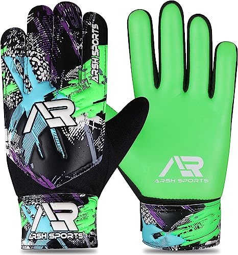 Arsh Sports Soccer Goalie Gloves, Football Goalkeeper Gloves for Kids Boys Children Youth Goalkeeping with 4mm Latex Finger Spine Protection (Green, Size 4 Suitable for 6-9 Years)