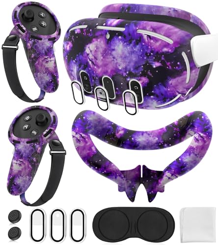 Silicone Cover Set Compatible with Oculus/Meta Quest 3, Touch Controller Grips Cover, VR Shell Cover, Facial Interface Cover, Protective Lens Cover, Tempered Glass Lens Caps (Aurora Purple)