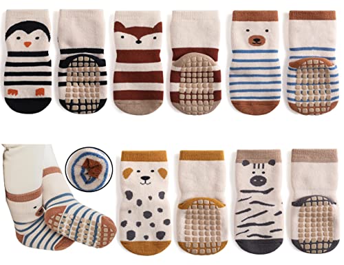 Exegawe Baby Non Slip Socks Winter - 5 Pairs Toddler Kids Thick Warm Crew Socks with Grips(Animal Stripe,M/1-3y)