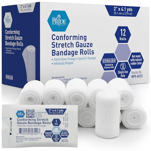 MED PRIDE Conforming Stretch Gauze Bandages 12 Rolls 2'' x 4.1 Yards | Sterile Latex Free First Aid Pads | Wound Care Rolled Dressing Wrap | Medical Non-Adherent Mesh Bandages