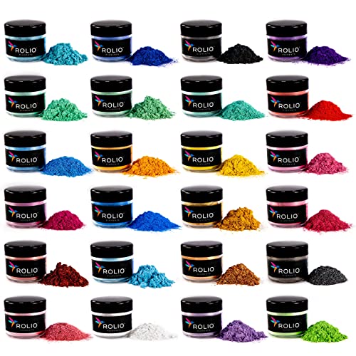 Rolio Mica Powder Pearlescent Color Pigment - Art Set for Resin Epoxy - for Soap Making, Nail Polish, Lip Gloss, Eye Shadow, Slime & Candle Jars - 10g, 24 Jars - (Original Set)
