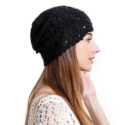 ZLYC Women Cotton Crochet Slouchy Beanie Hat Handmade Knit Cutout Summer Floral Skull Cap (Solid Black)