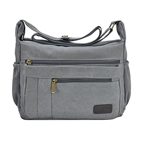 Fabuxry Light Weight Canvas Shoulder Bag for Women Messenger Handbags Cross Body Multi Zipper Pockets Bag (Grey)