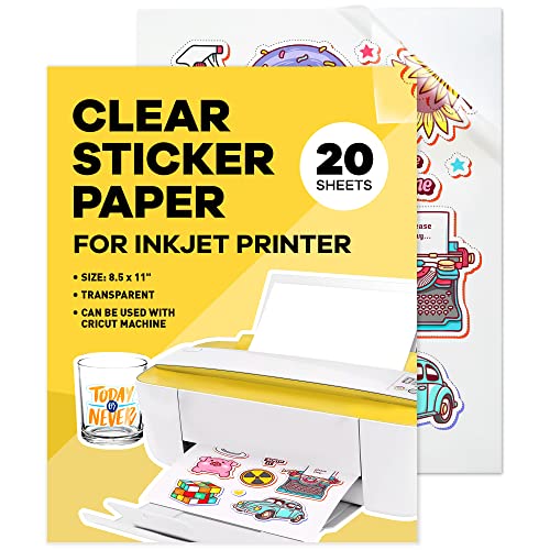 90% Clear Sticker Paper for Inkjet Printer (20 Sheets) - Transparent Glossy 8.5 x 11 - Printable Vinyl - Clear Sticker Paper - Clear Vinyl Sticker Paper - Clear Sticker Printer Paper