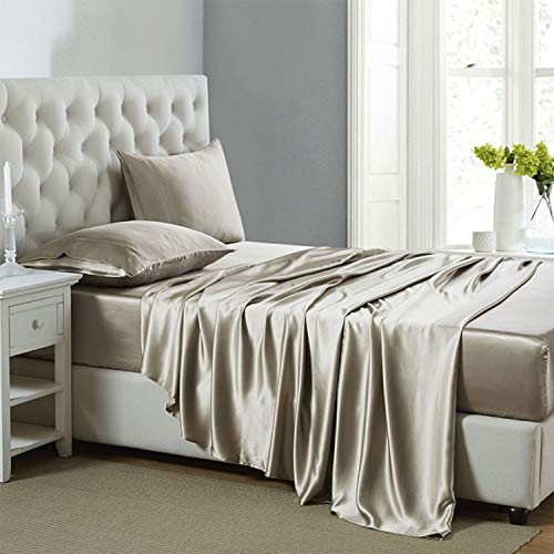 Lanest Housing Silk Satin Sheets, 4-Piece King Size Satin Bed Sheet Set with Deep Pockets, Cooling Soft and Hypoallergenic Satin Sheets King - Taupe