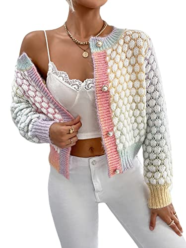 GORGLITTER Women's Button Down Colorful Cardigan Sweater Long Sleeve Casual Knit Outwear Pink and Blue Medium