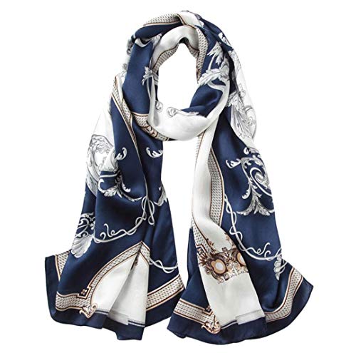 ANDANTINO 100% Mulberry Silk Long Scarf for Women Large Shawls for Headscarf and Neck- Oblong Hair Wraps with Gift Packed (Navy&White -Phoenix tail fern)