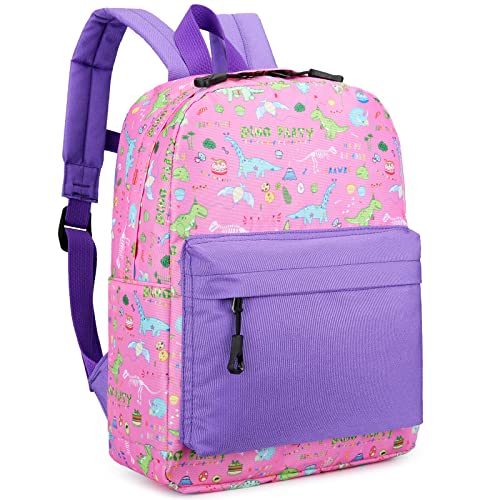 Vanaheimr Kid Toddler Backpack for Girls Purple Dinosaur Cute Cartoon Preschool Backpack Nursery Daycare School Bag Chest Strap