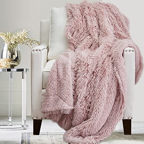 The Connecticut Home Company Throw Blanket, Soft Plush Reversible Shag and Sherpa, King 108x90, Warm Thick Throws for Bed, Comfy Washable Bedding Accent Blankets for Sofa Couch Chair, Dusty Rose