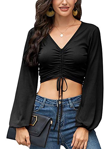 Women Sexy Short Work Shirts Long Sleeve Wrapped Crop Tops Slim Fit Elegant Blouse Tees Bandage Bodycon Summer Clothes (Black, X-Large)