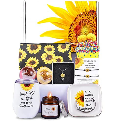 Sunflower Gifts for Women, Fabulous Birthday Gifts Baskets for Women Daughter Mom Sister Best Friend, Care Package with Sunflower Tumbler Bath Bombs Necklace Bracelet Jewelry Dish Socks