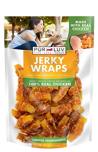 Pur Luv Dog Treats, Chicken & Sweet Potato Jerky Wraps, Made with Real Chicken, 16 Ounces, Rawhide Free, Healthy, Easily Digestible, Long Lasting, High Protein Dog Treat, Satisfies Dog's Urge to Chew