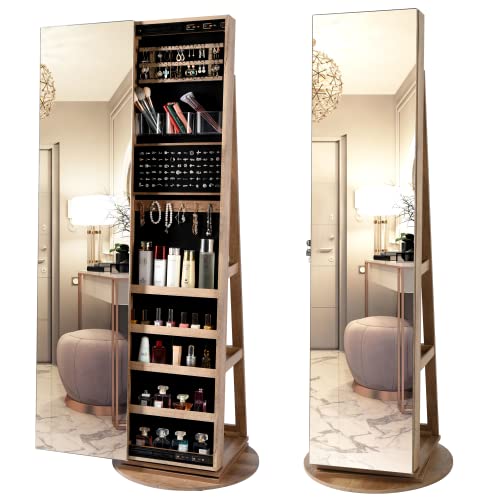 LVSOMT 360° Swivel Jewelry Cabinet with Full Length Mirror, 63' Jewelry Organizer Armoire, Lockable Mirror with Jewelry Storage, Floor Standing Mirror, Rear Storage Shelves