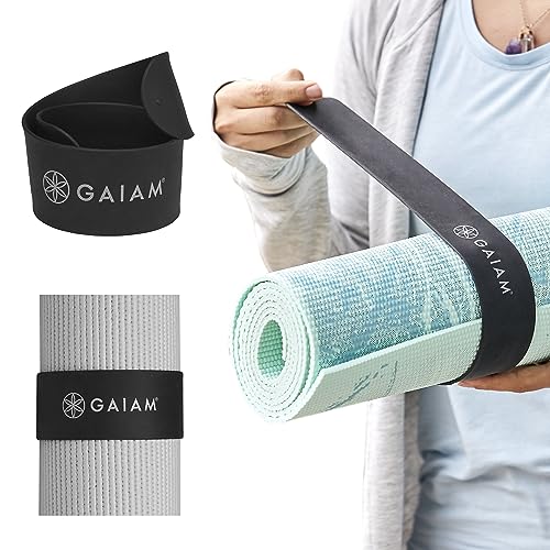 Gaiam Yoga Mat Strap Slap Band - Keeps Your Mat Tightly Rolled and Secure with One Snap - Strong Clasp for Yoga Mat Storage and Travel - Fits Most Size Mats (20'L x 1.5'W), Black