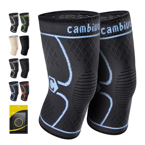 CAMBIVO 2 Pack Knee Brace, Knee Compression Sleeve Support for Men and Women, Knee Pads for Running, Hiking, Meniscus Tear, Arthritis, Joint Pain Relief (Blue, Small)