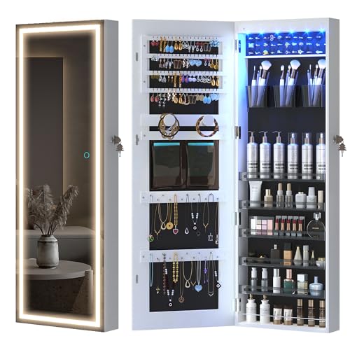 LVSOMT LED Mirror Jewelry Cabinet, Wall/Door Jewelry Organizer Armoire, Full Length Mirror with Jewelry Storage, Over Door Jewelry Cabinet, White